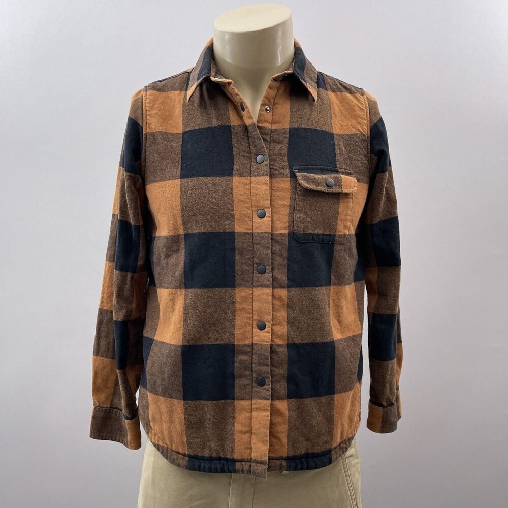 Uniqlo Flannel Sherpa Shirt Size M  Brown Plaid Snap Button Lumberjack